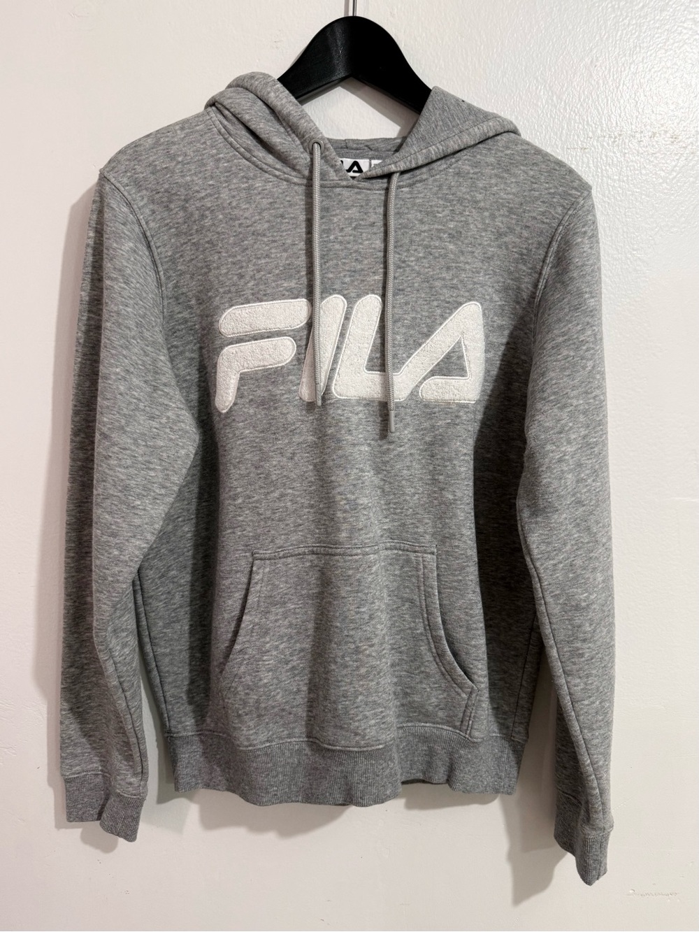 FILA Women’s Gray Pullover Fleece Logo Kangaroo Pocket Drawstring Hoodie Size M